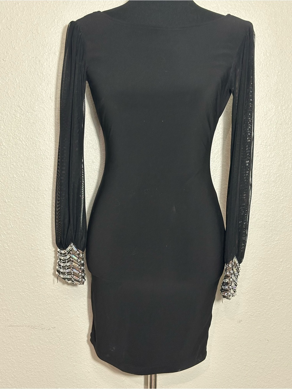 City Triangles Black Long Sleeve Sheer-Sleeve Bodycon Dress with Jeweled Cuffs